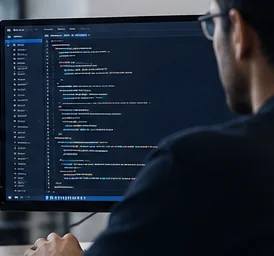 Desenvolvedor programando um sistema em frente ao monitor